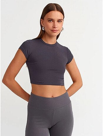 T-shirt court femme, coupe ajustée, col rond dilvin