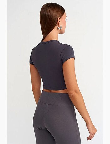T-shirt court femme, coupe ajustée, col rond dilvin