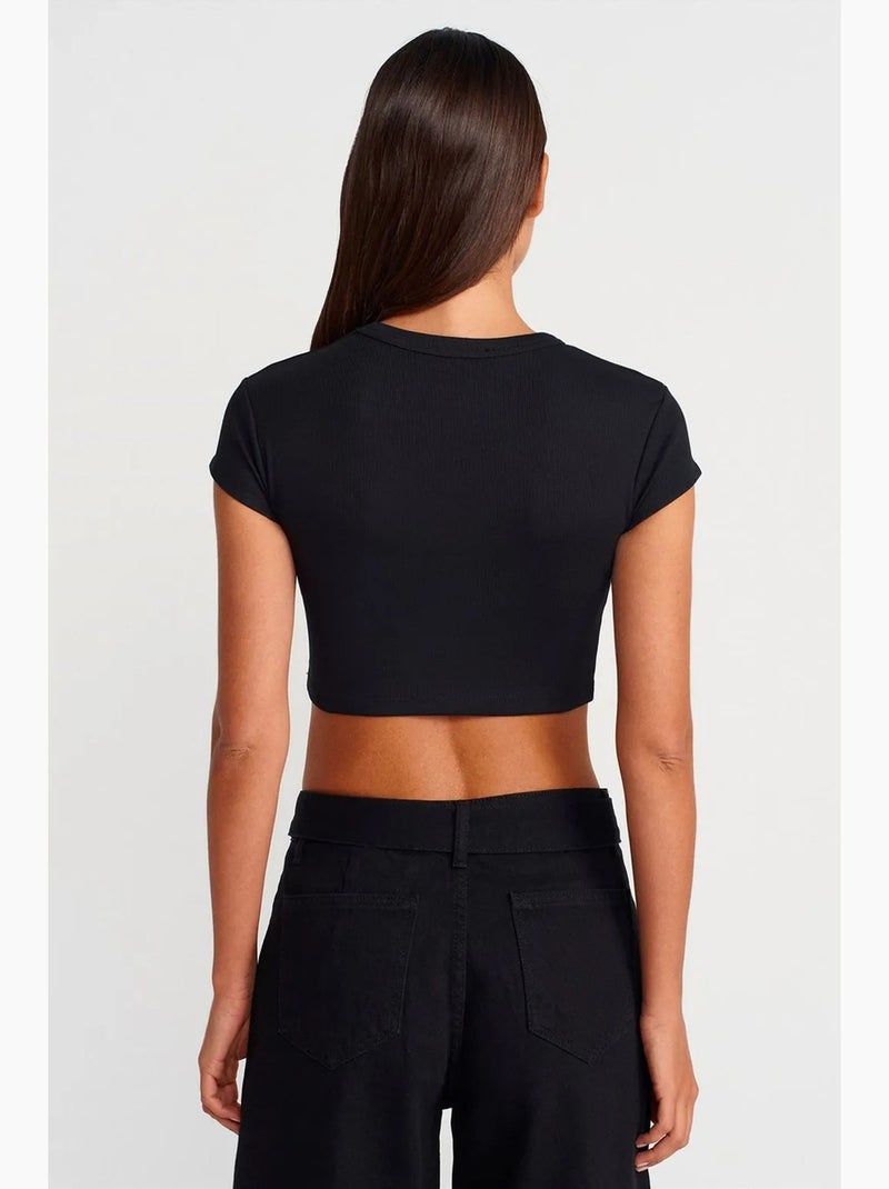 T-shirt court femme coupe ajustée col rond dilvin Noir - Kiabi