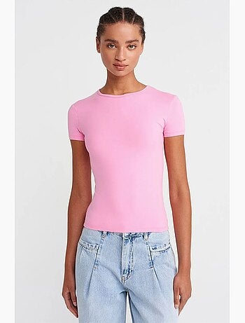 T-shirt court femme, coupe ajustée, col rond dilvin