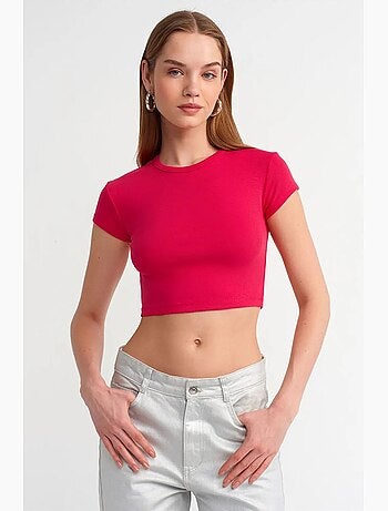 T-shirt court femme, coupe ajustée, col rond dilvin
