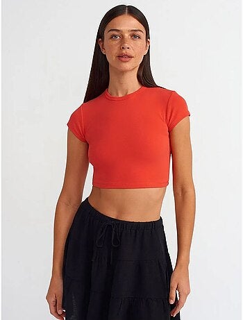 T-shirt court femme, coupe ajustée, col rond dilvin