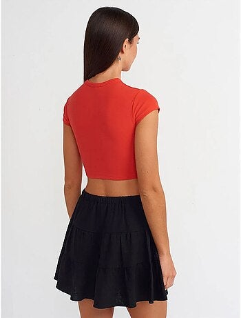 T-shirt court femme, coupe ajustée, col rond dilvin