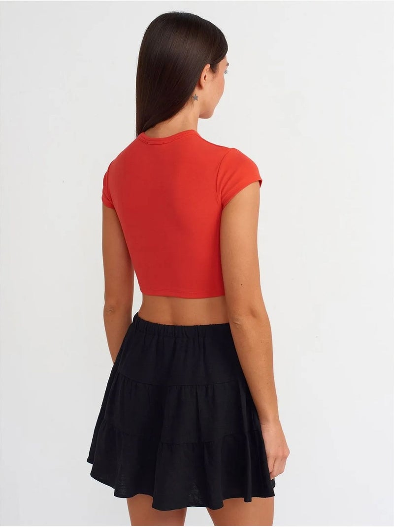 T-shirt court femme, coupe ajustée, col rond dilvin Rouge - Kiabi
