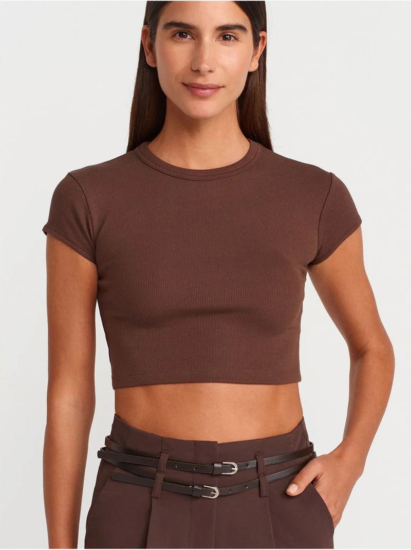 T-shirt Court Femme Coupe Ajustée Col Rond Marron chocolat - Kiabi