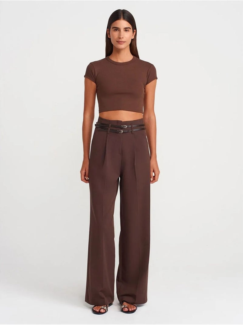 T-shirt Court Femme Coupe Ajustée Col Rond Marron chocolat - Kiabi