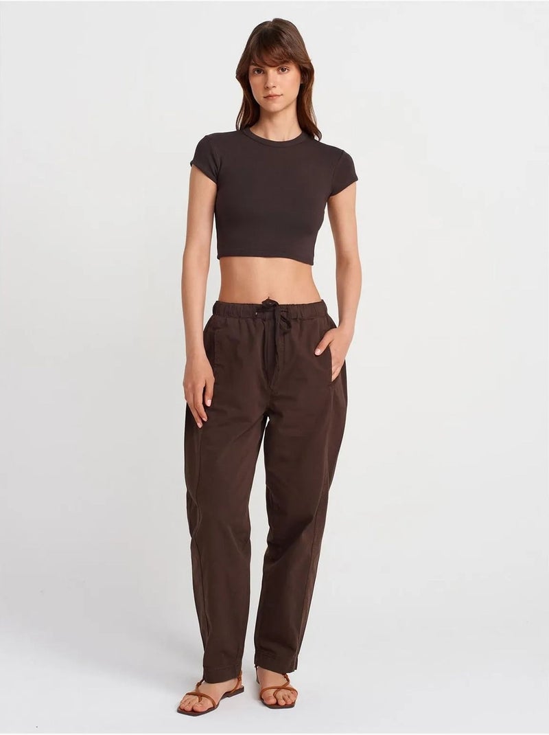 T-shirt Court Femme Coupe Ajustée Col Rond Marron foncé - Kiabi