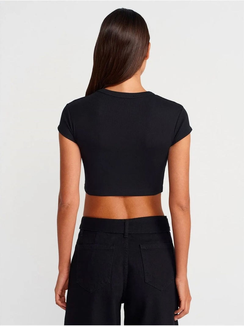 T-shirt Court Femme Coupe Ajustée Col Rond Noir - Kiabi