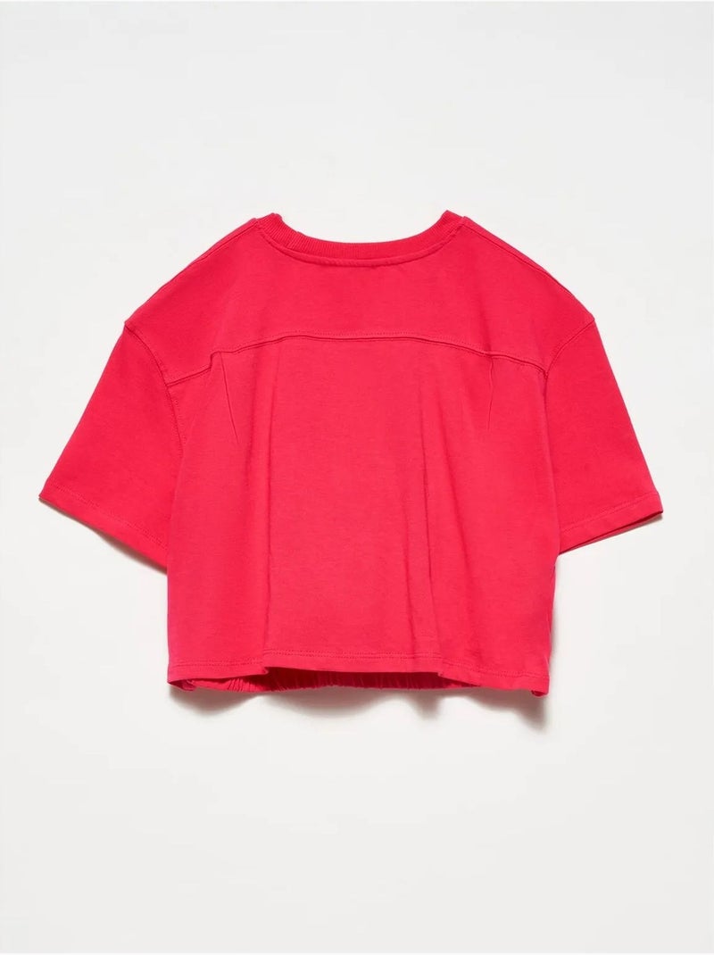 T-shirt court femme en coton à col rond dilvin Rose fluo/Solinotes - Kiabi