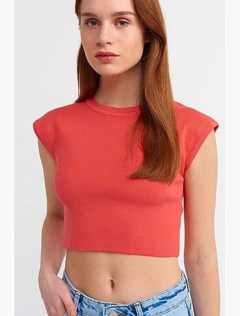 T-shirt court femme sans manches côtelé dilvin