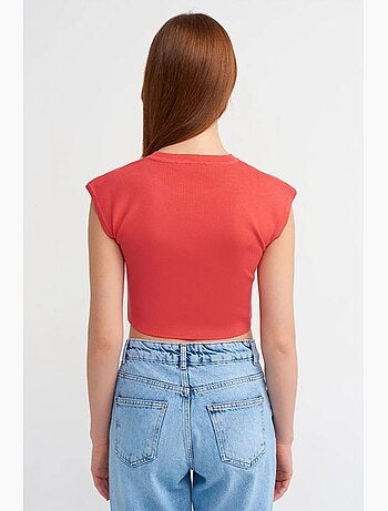 T-shirt court femme sans manches côtelé dilvin
