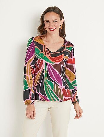 T-shirt court fluide imprimé graphique col V