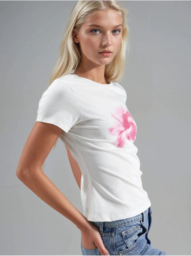 T-shirt court imprimé à col rond Blanc - Kiabi