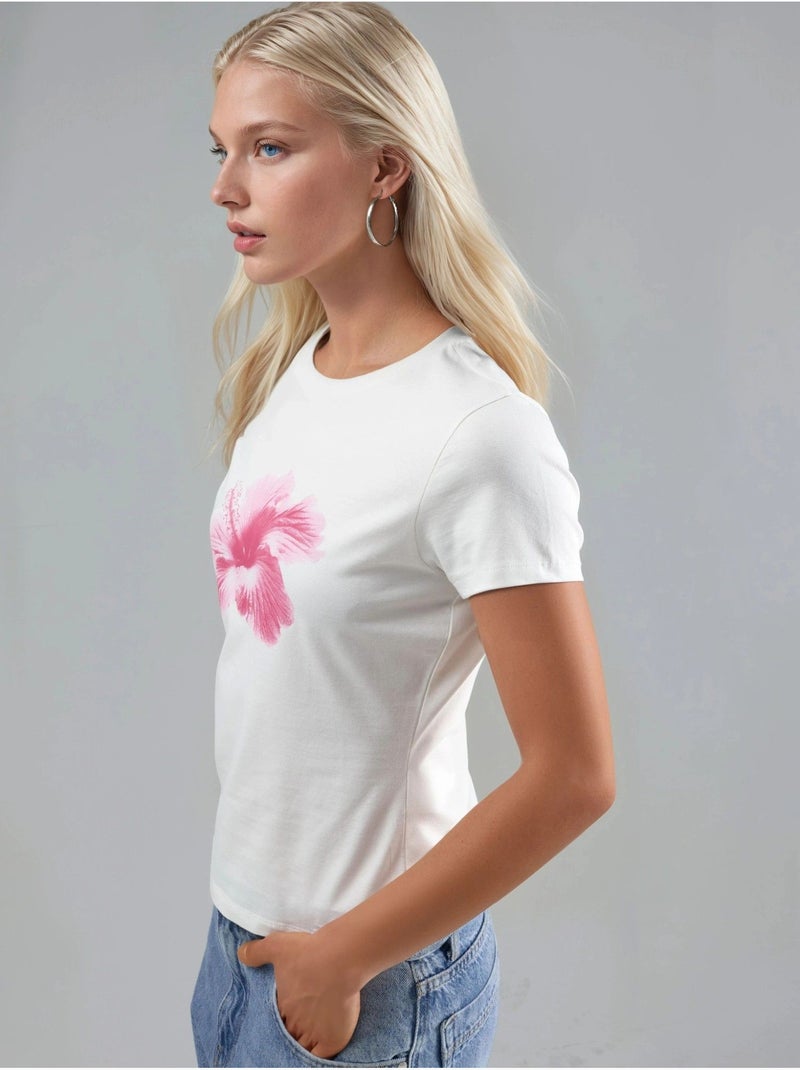 T-shirt court imprimé à col rond Blanc - Kiabi