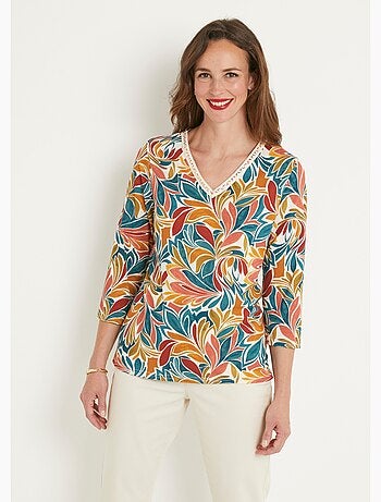 T-shirt court imprimé col V extensible