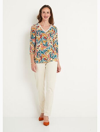 T-shirt court imprimé col V extensible