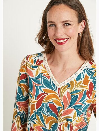 T-shirt court imprimé col V extensible