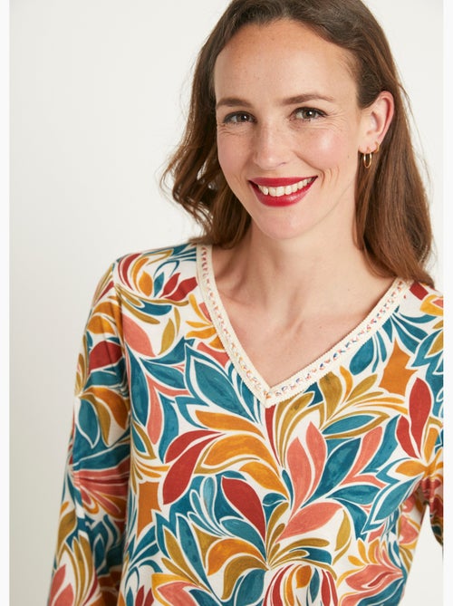T-shirt court imprimé col V extensible - Kiabi