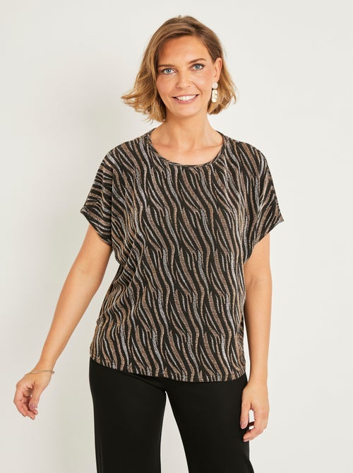 T-shirt court maille brillante jacquard dentelle - Kiabi
