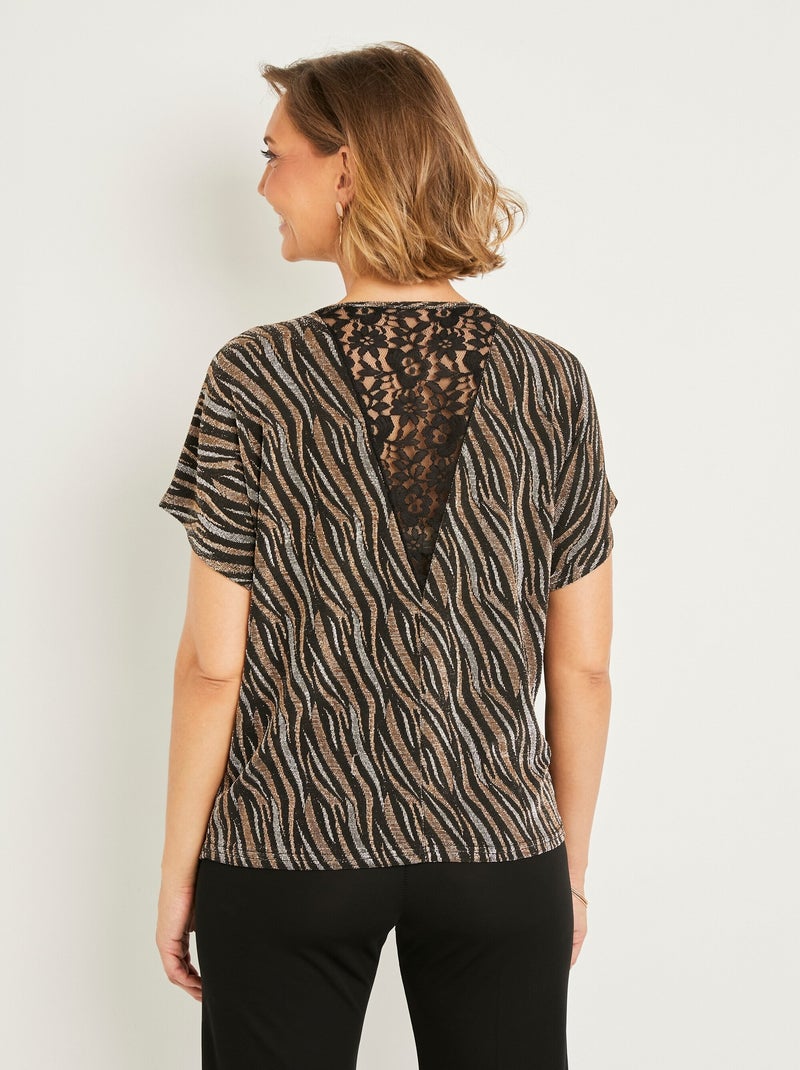 T-shirt court maille brillante jacquard dentelle Cuivre - Kiabi