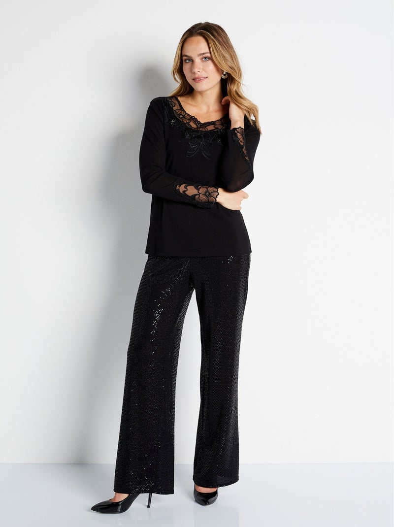 T-shirt court maille résille brodée Noir - Kiabi