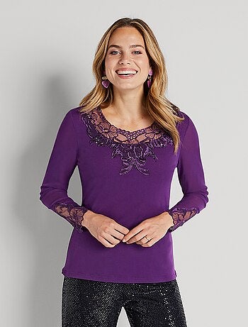 T-shirt court maille résille brodée