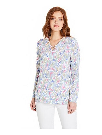 T-shirt court manches longues col V graphique
