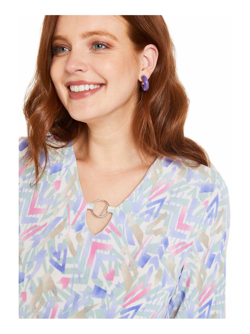 T-shirt court manches longues col V graphique Multicolore - Kiabi