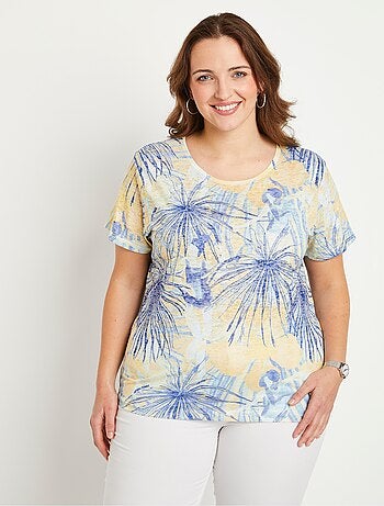 T-shirt court motif et strass col rond