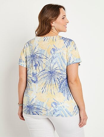 T-shirt court motif et strass col rond