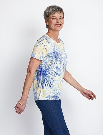 T-shirt court motif et strass col rond