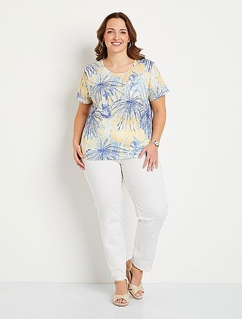 T-shirt court motif et strass col rond
