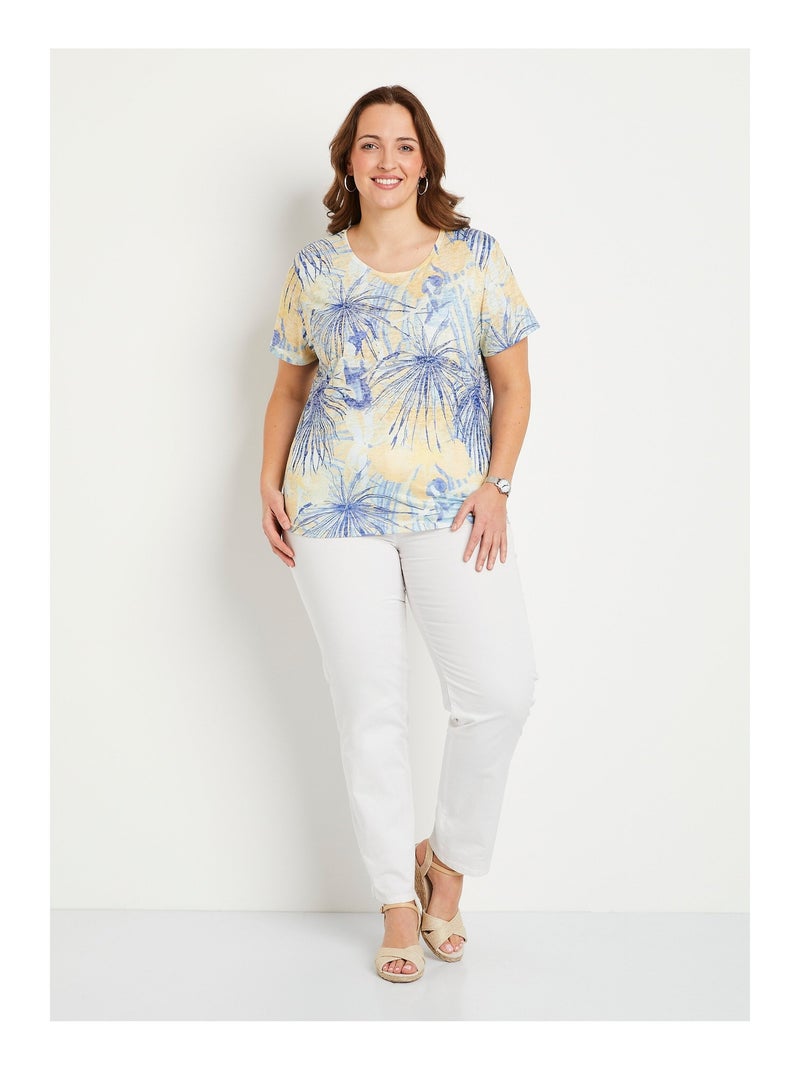 T-shirt court motif et strass col rond Bleu - Kiabi