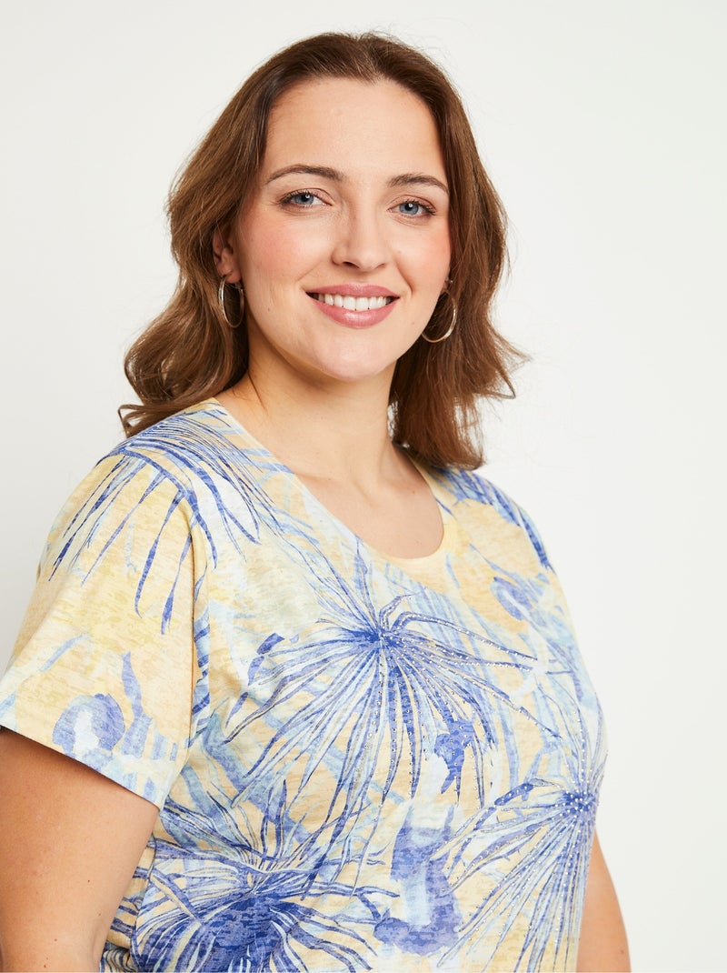 T-shirt court motif et strass col rond Bleu - Kiabi