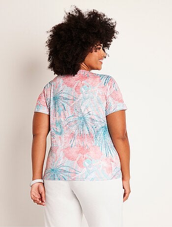 T-shirt court motif et strass col rond