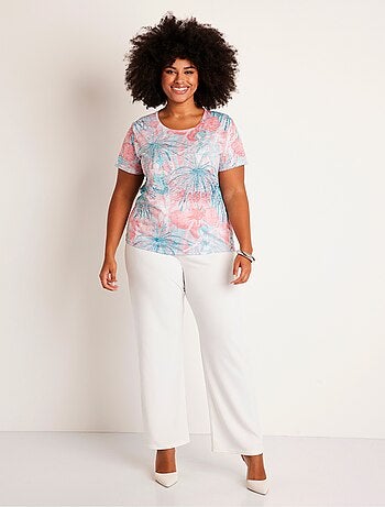 T-shirt court motif et strass col rond