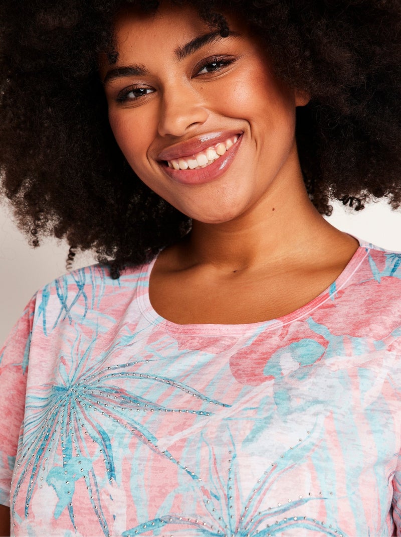 T-shirt court motif et strass col rond Bleu Rose - Kiabi