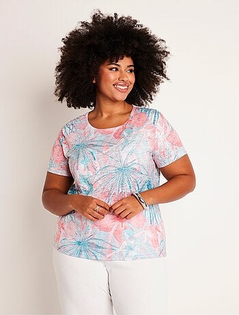 T-shirt court motif et strass col rond