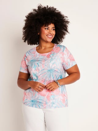 T-shirt court motif et strass col rond