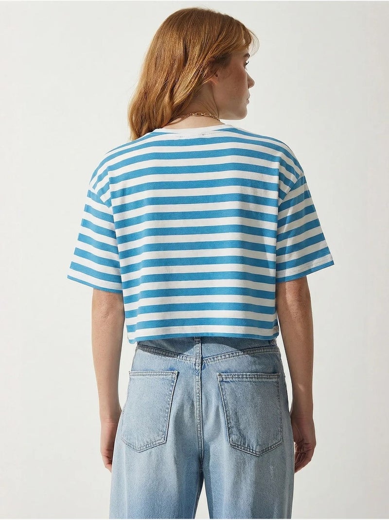 T-shirt court oversize à rayures et col rond istanbul Bleu clair - Kiabi
