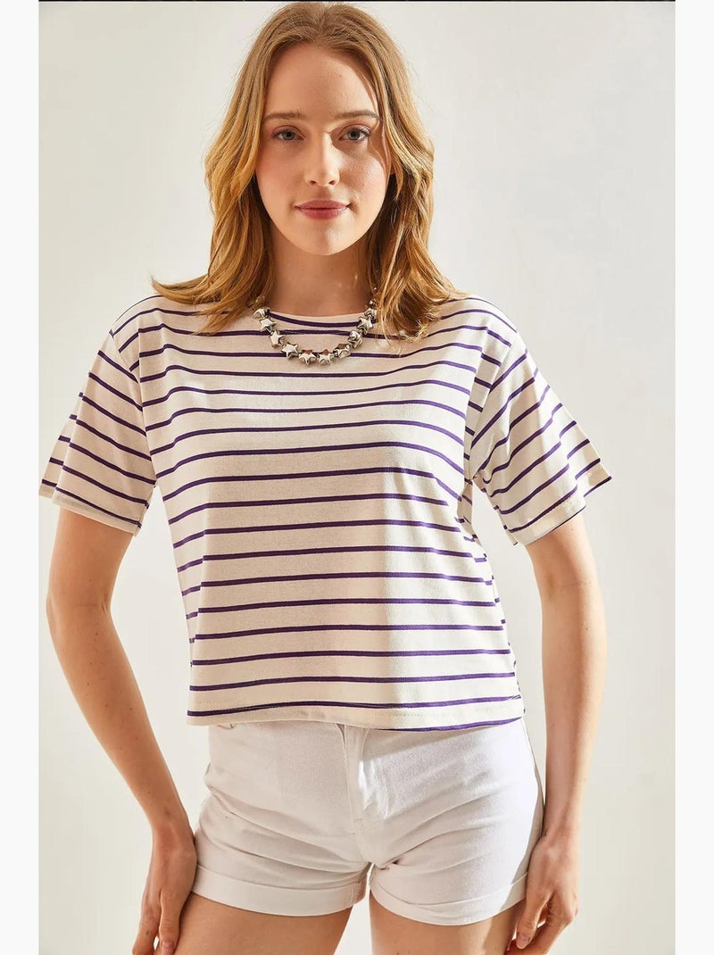 T-shirt court rayé à coupe boxy et col rond lucci Violet aubergine - Kiabi