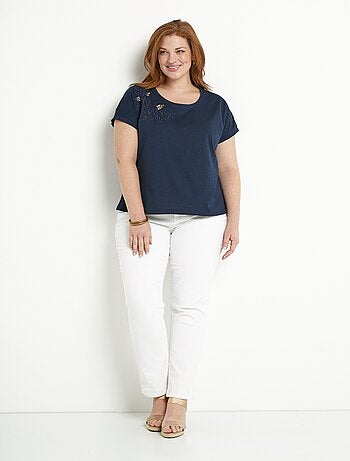 T-shirt court uni brodé ajouré manches courtes