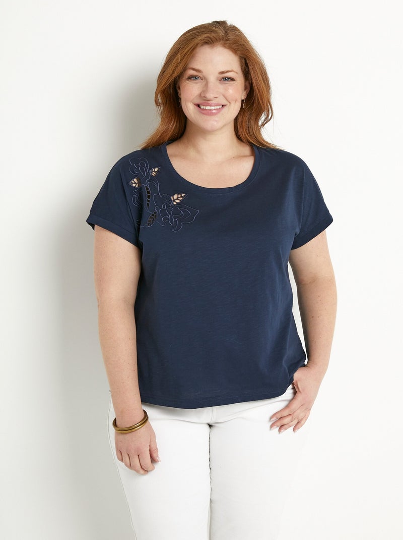 T-shirt court uni brodé ajouré manches courtes Bleu marine - Kiabi