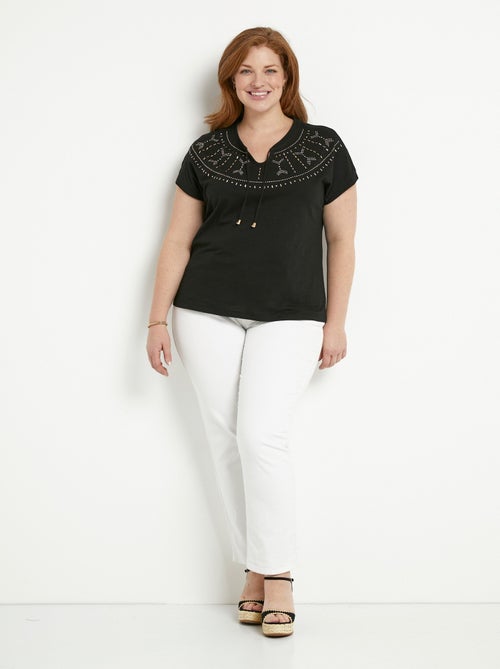 T-shirt court uni clouté maille flammée - Kiabi