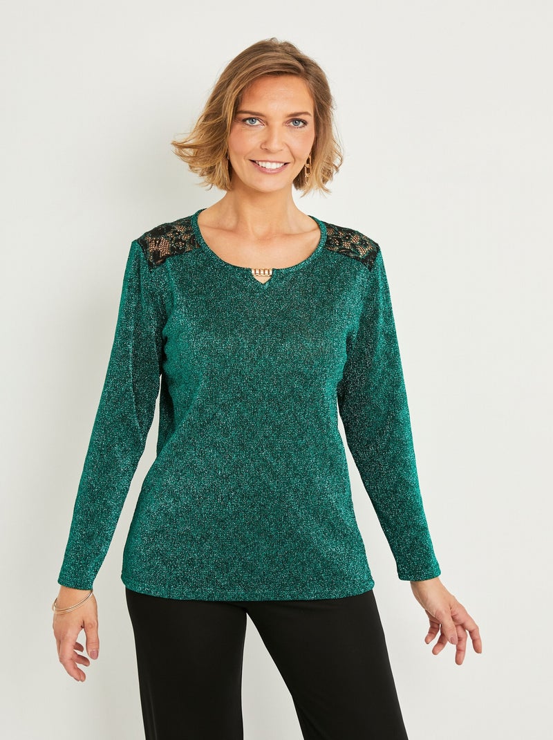 T-shirt court uni dentelle col rond bijou Vert - Kiabi