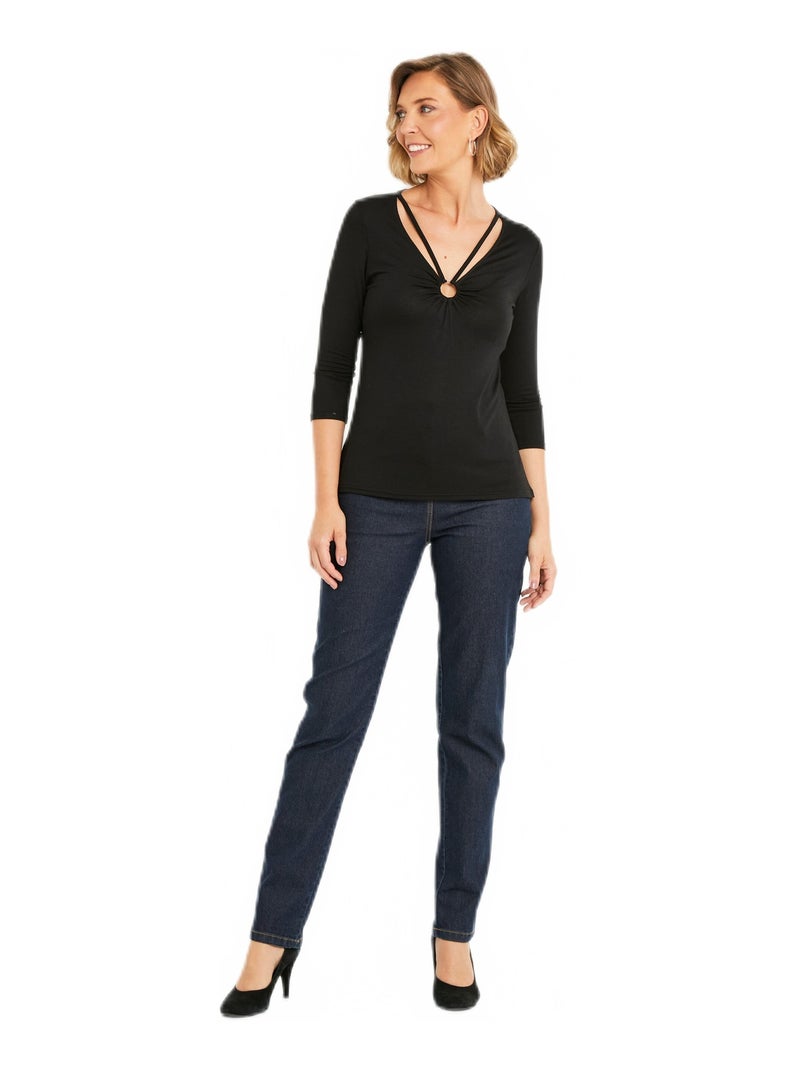 T-shirt court uni encolure en V Noir - Kiabi