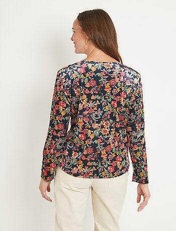 T-shirt court velours ras fleuri col V
