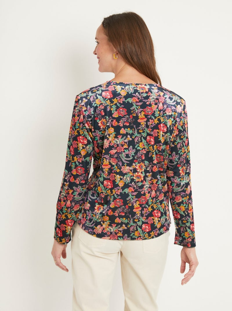 T-shirt court velours ras fleuri col V Multicolore - Kiabi