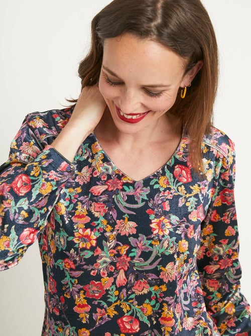 T-shirt court velours ras fleuri col V - Kiabi