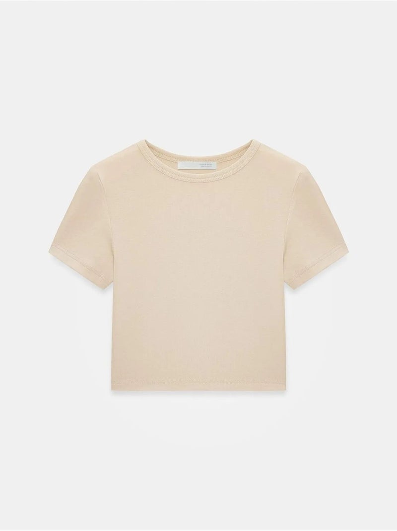 T-shirt Crop Femme Coupe Slim À Col Rond Beige clair - Kiabi